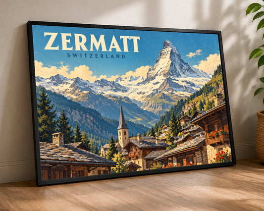 Zermatt Mountain Village – Swiss Alpine Travel Poster