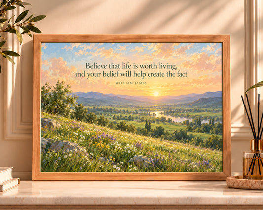 Sunlit Valley Belief Quote – Inspirational Landscape Art Print
