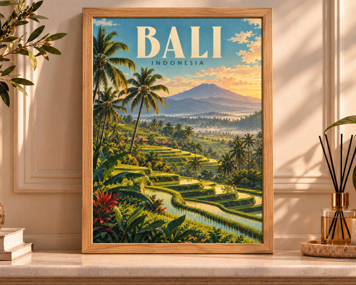 Bali Indonesia Sunset Terrace – Vintage Travel Poster Art Print