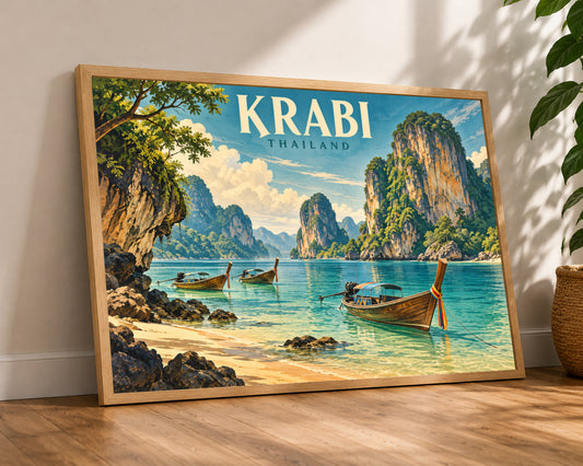 Krabi Thailand Seascape – Retro Travel Poster Art Print