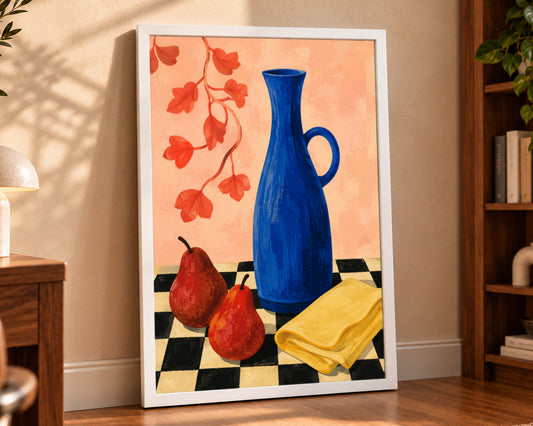Blue Vase with Pears and Red Leaves – Still Life Wall Art