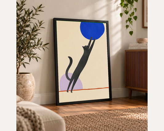 Black Cat and Blue Circle – Minimalist Cat Art Print