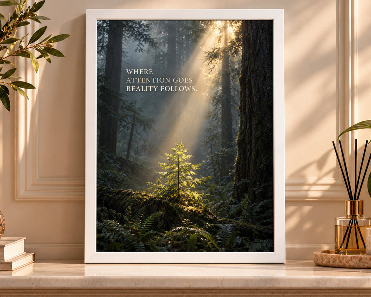 Where Attention Goes Reality Follows – Forest Sunbeam Poster