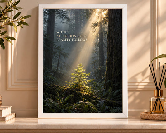 Where Attention Goes Reality Follows – Forest Sunbeam Poster