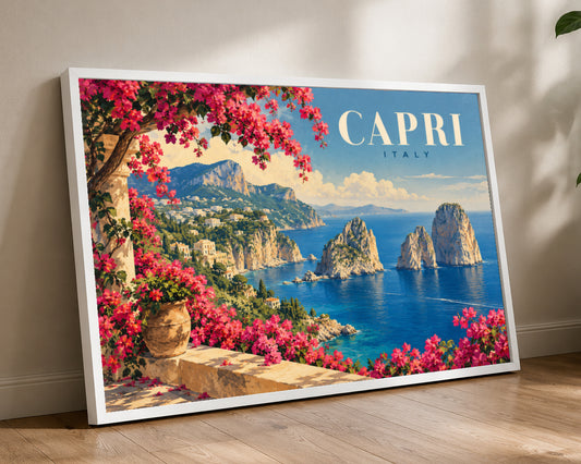Capri Coastline with Bougainvillea – Vintage Travel Poster Art Print