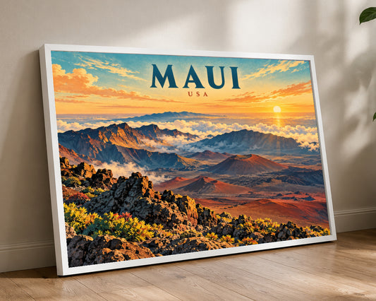 Maui Sunrise Landscape – Vibrant Travel-Poster-Style Maui USA Wall Art