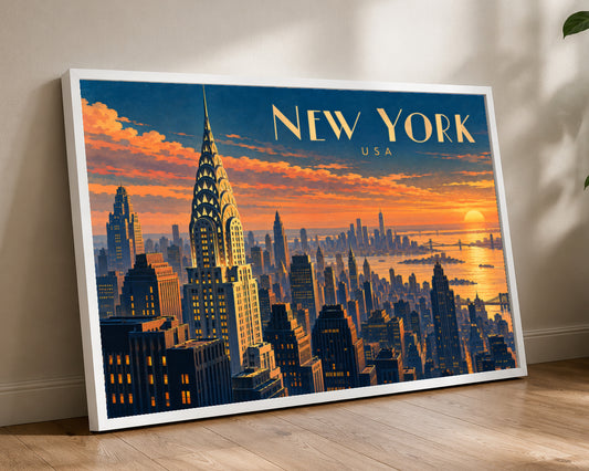 New York Sunset Skyline – Chrysler Building Cityscape Art Print
