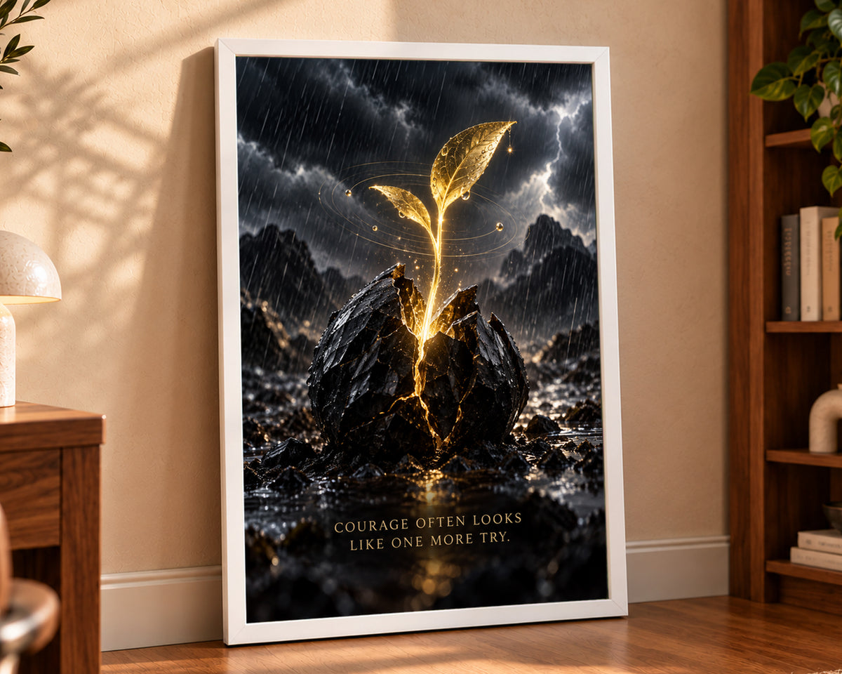 Golden Sprout in the Storm – Courage Often Looks Like One More Try Art Print
