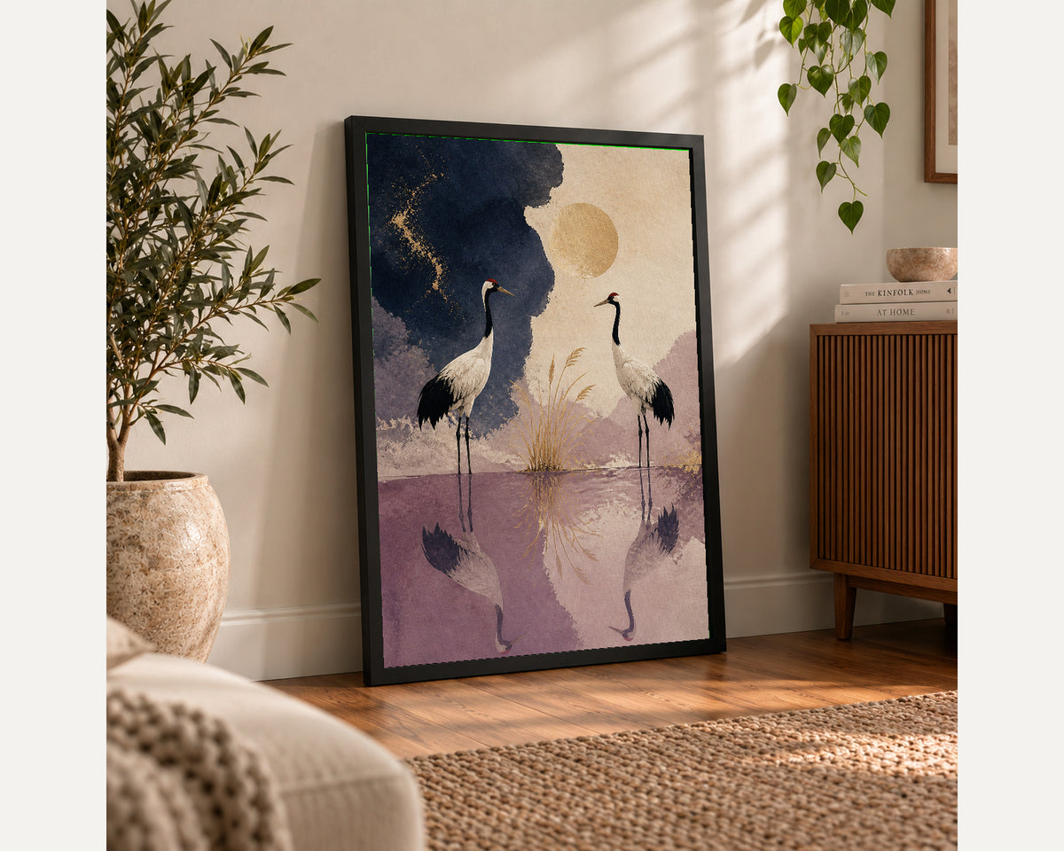 Crane Reflection – Serene Crane Waterscape Art Print