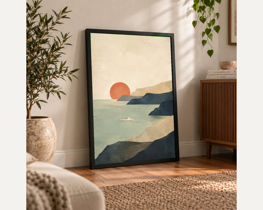 Coastal Sunset Sail – Minimal Coastal Landscape Art Print