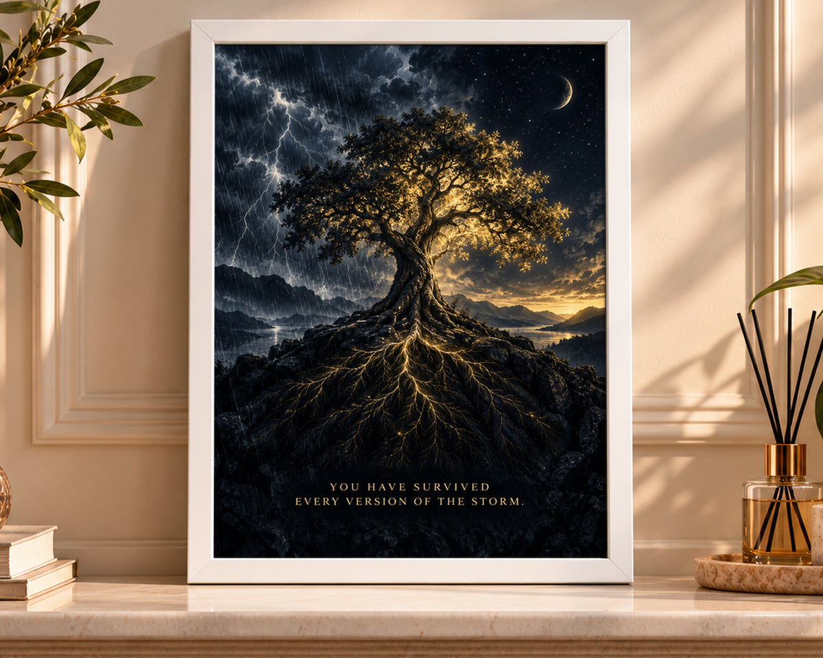 Stormlit Tree of Resilience – Resilience Quote Fantasy Poster
