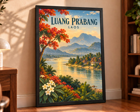 Luang Prabang River View – Vintage Tropical Travel Poster Art Print