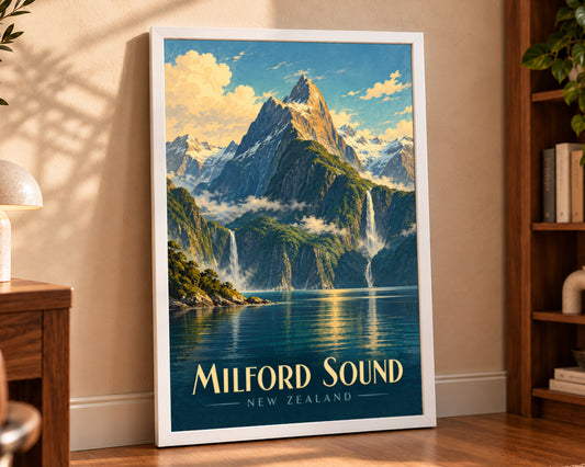 Milford Sound – Retro Fjord Landscape Art Print