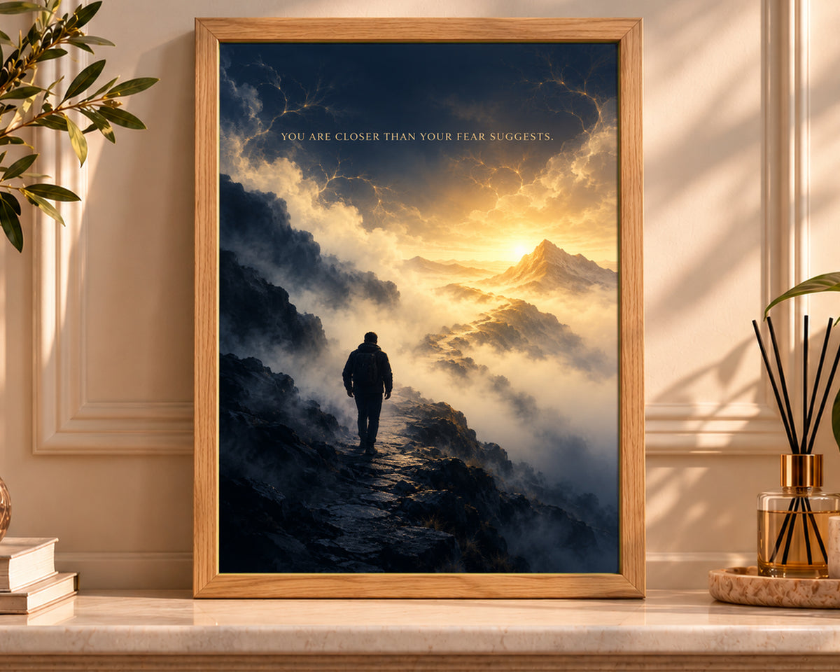 Closer Than Fear – Motivational Mountain Sunrise Art Print