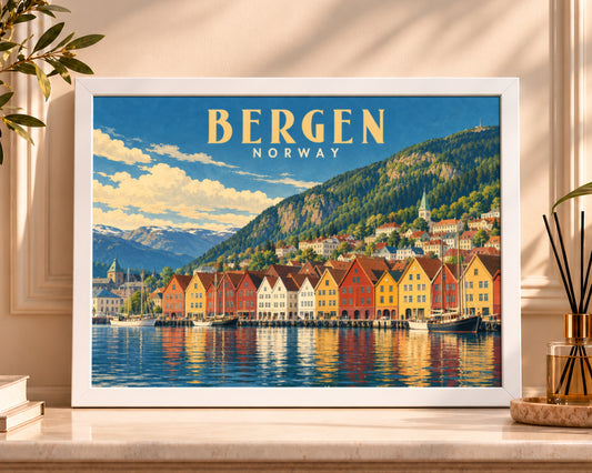 Bergen Harbour Skyline – Vintage Travel Poster Art Print