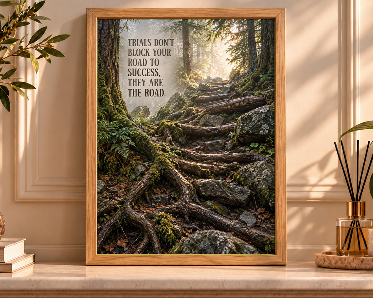 Trials on the Road – Inspirational Forest Path Poster