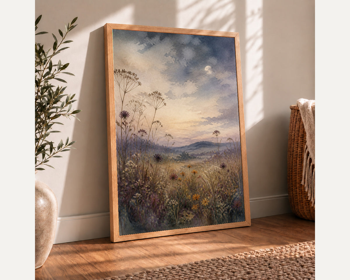 Moonlit Wildflower Meadow – Serene Watercolour Landscape Art Print