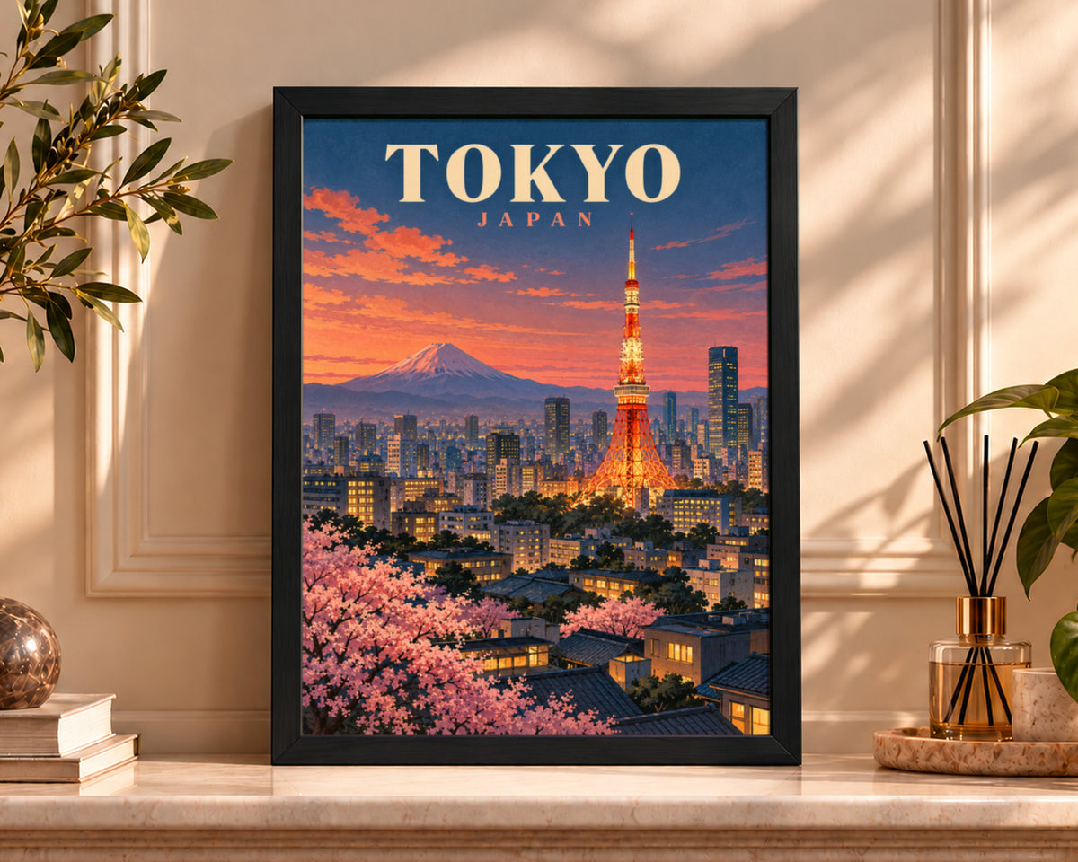 Tokyo Sunset Skyline – Retro Travel Poster Art Print