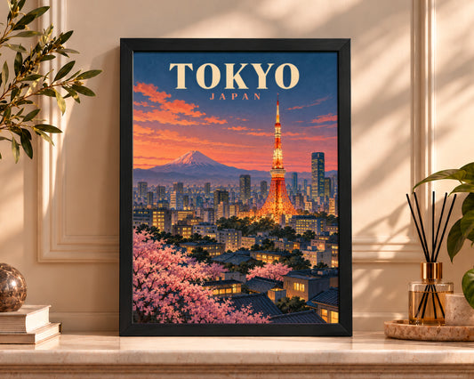Tokyo Sunset Skyline – Retro Travel Poster Art Print