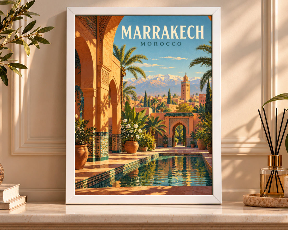Marrakech Courtyard Pool – Retro Travel Poster Wall Art