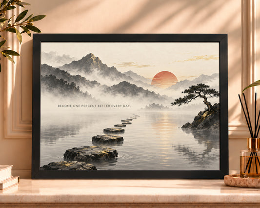 Misty Mountain Path at Sunrise – Self-Improvement Landscape Art Print