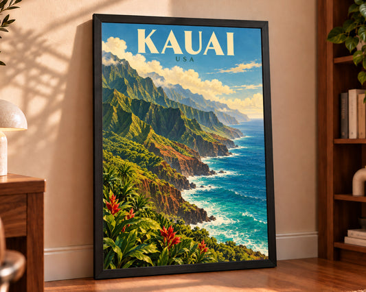 Kauai Coastline – Vintage Tropical Travel Art Print