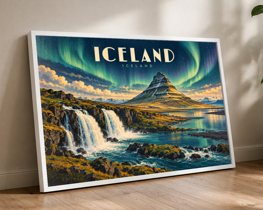 Iceland Aurora Landscape – Nordic Aurora Waterfall Art Print