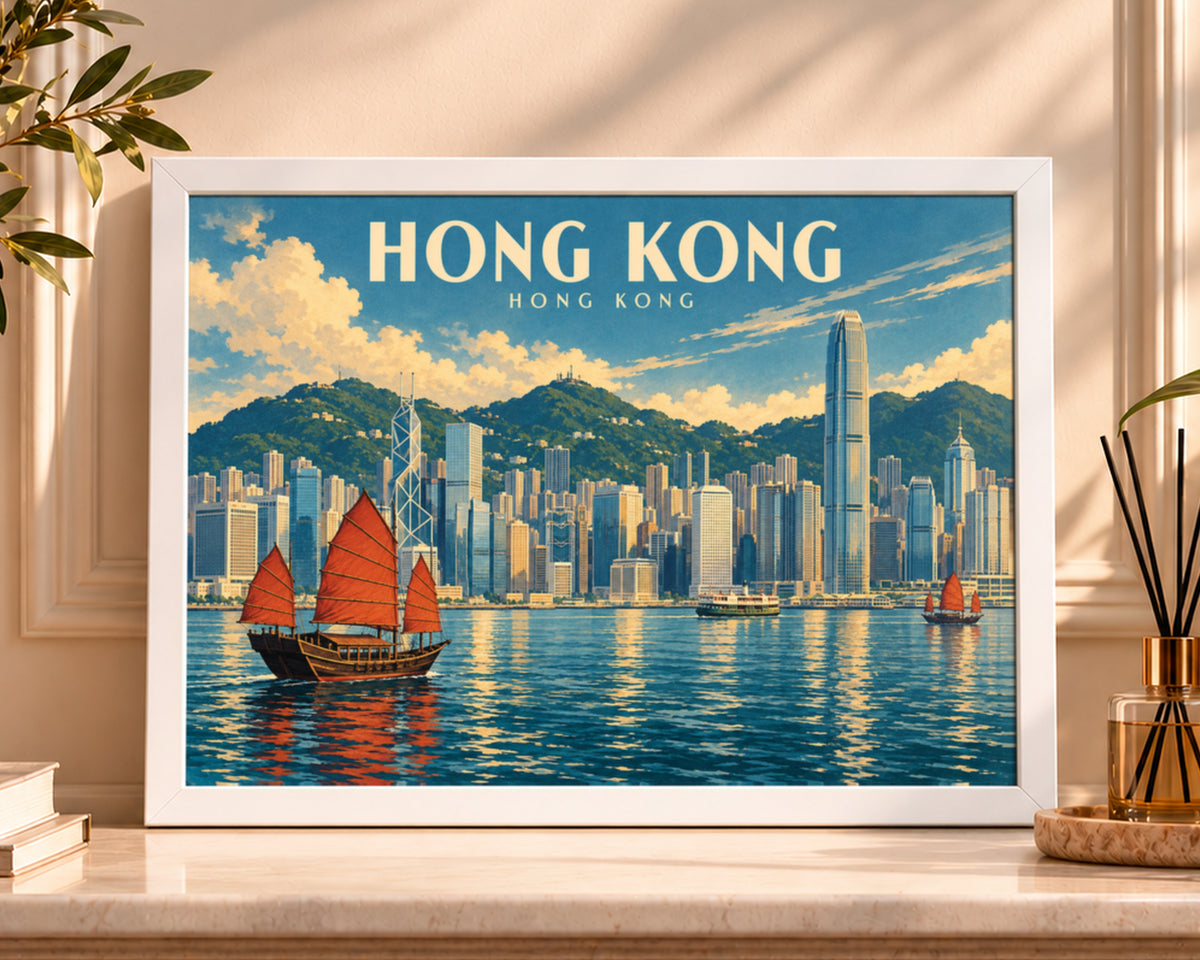 Hong Kong Skyline with Junks – Retro Travel Poster Wall Art
