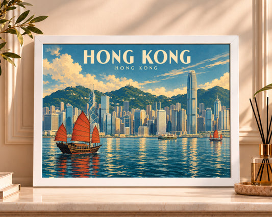 Hong Kong Skyline with Junks – Retro Travel Poster Wall Art