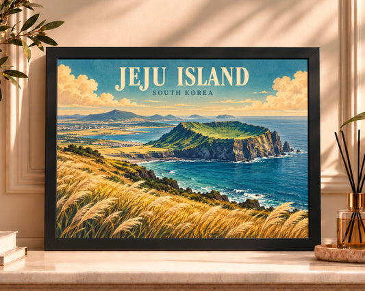 Jeju Island Coastal View – Retro Travel Landscape Art Print