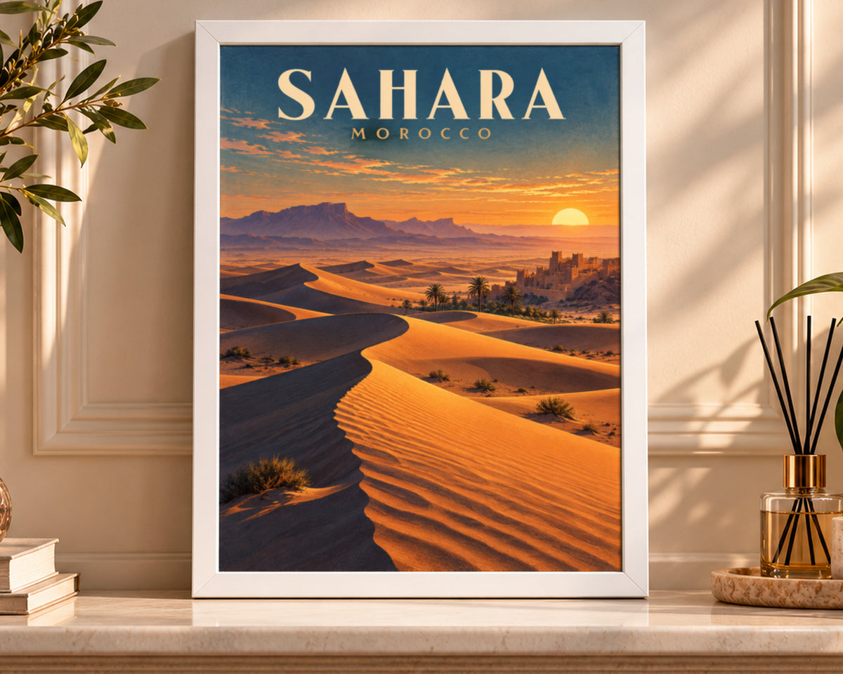 Sahara Morocco Desert Sunset – Retro Travel Landscape Wall Art