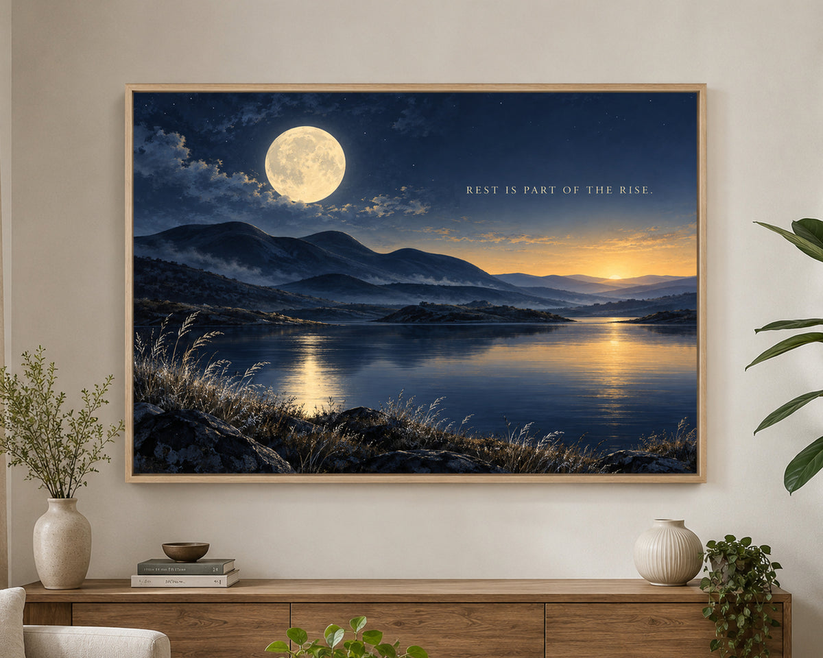 Rest Is Part of the Rise – Moonlit Mountain Lake Quote Art Print
