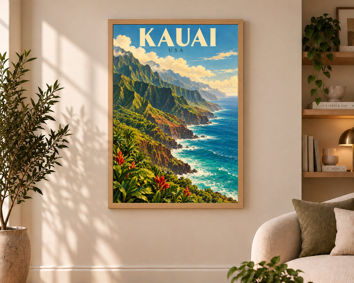 Kauai Coastline – Vintage Tropical Travel Art Print