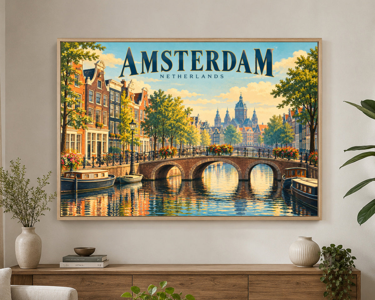 Amsterdam Canal Bridge – Retro Travel Wall Art