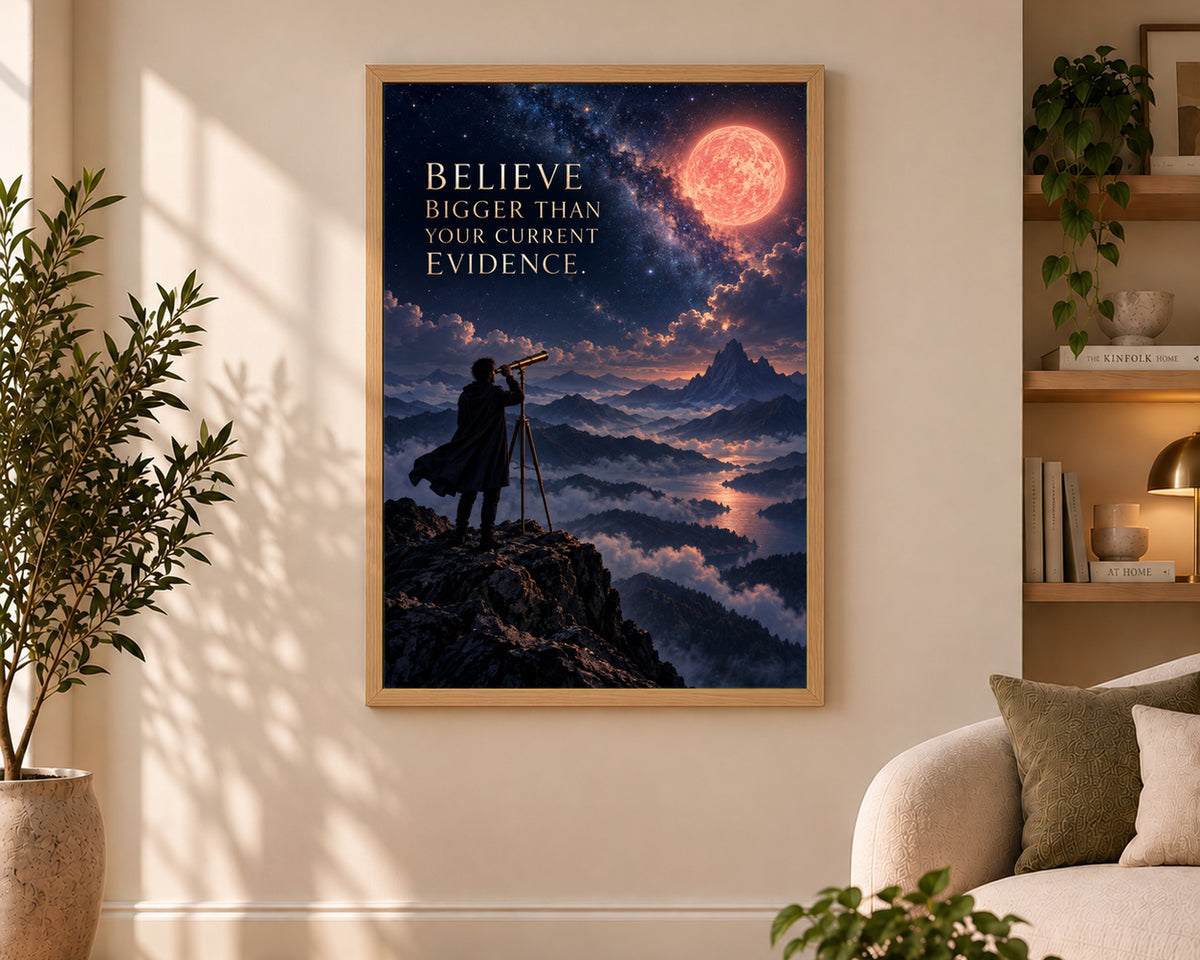 Believe Bigger Than Evidence – Moonlit Motivational Wall Art Poster