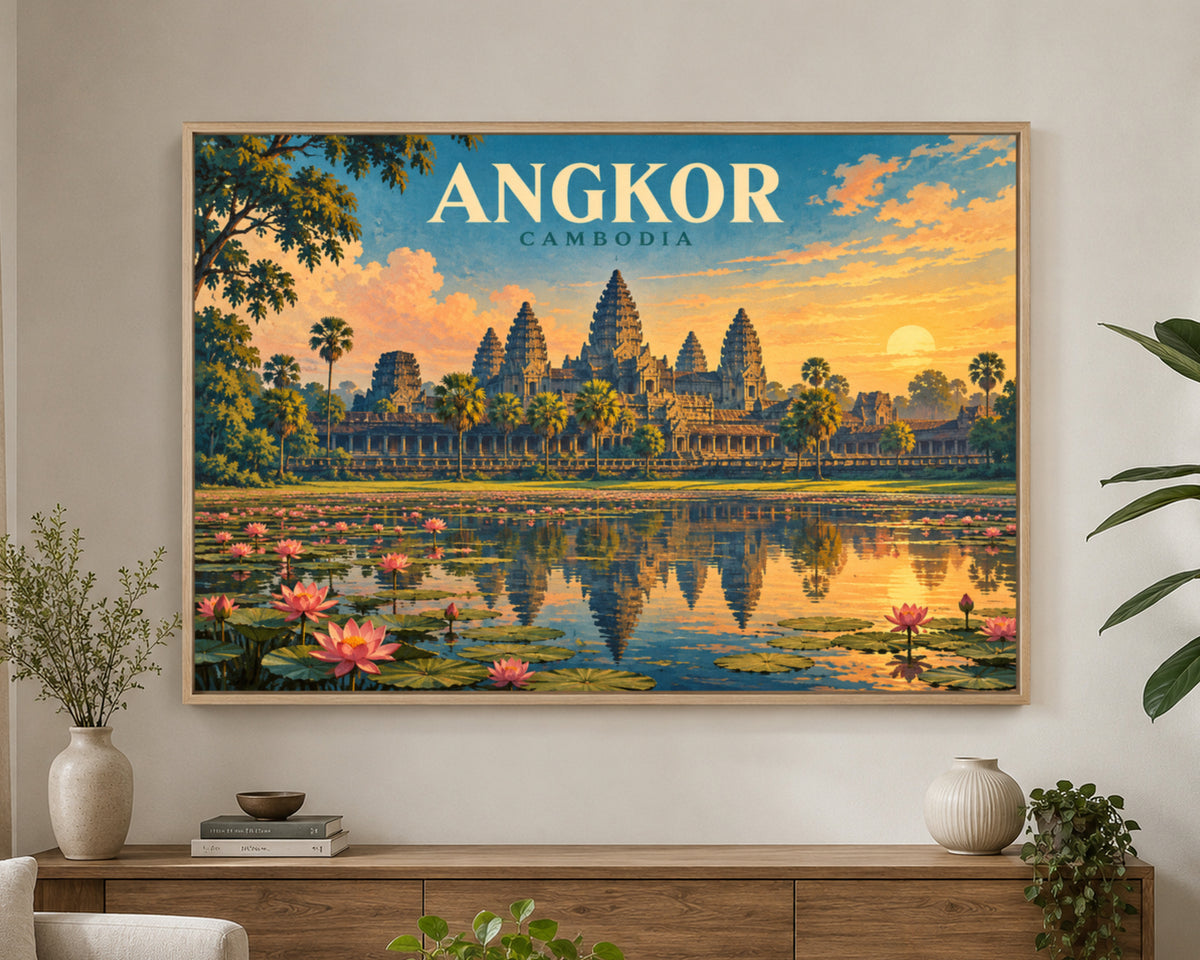 Angkor Cambodia Sunset – Vintage Travel Poster Wall Art