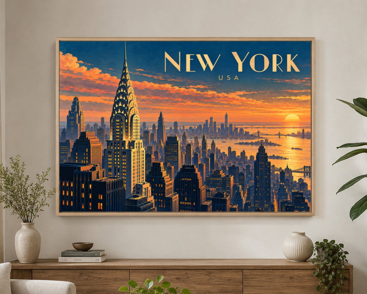 New York Sunset Skyline – Chrysler Building Cityscape Art Print