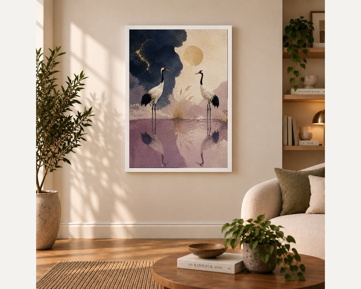 Crane Reflection – Serene Crane Waterscape Art Print
