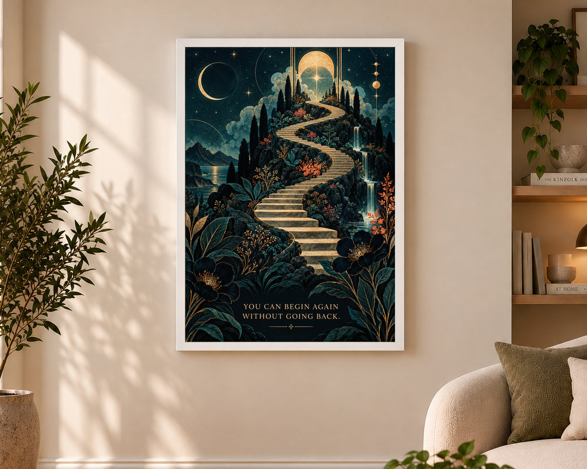 Celestial Stairway to Renewal – Renewal Quote Fantasy Landscape Poster