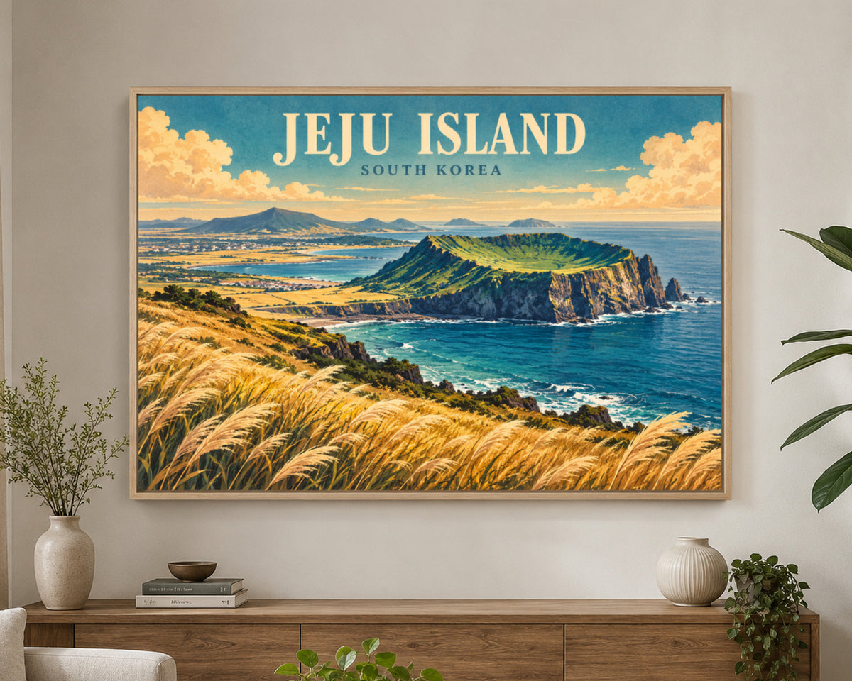 Jeju Island Coastal View – Retro Travel Landscape Art Print