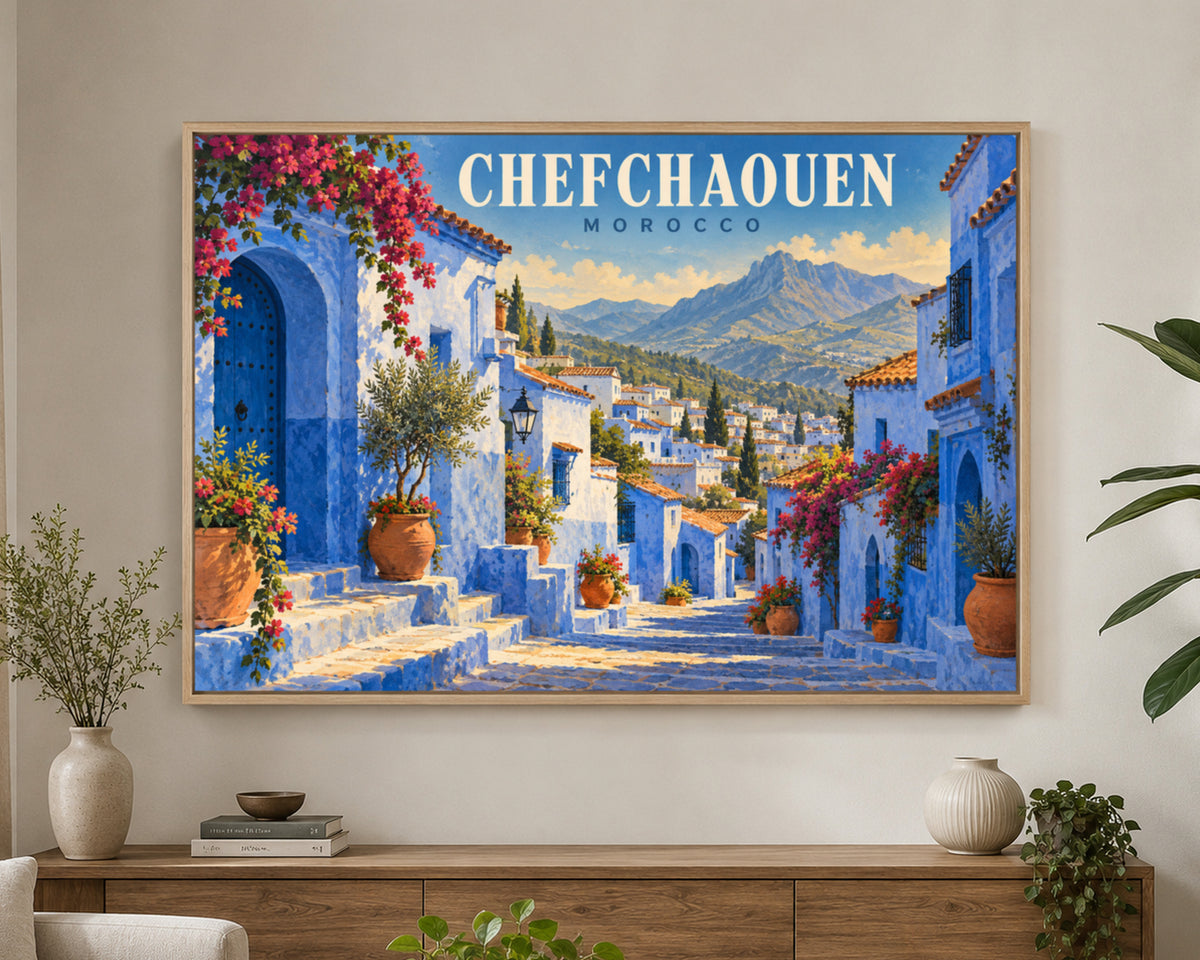 Chefchaouen Morocco Blue Street – Vintage Travel Poster Art Print