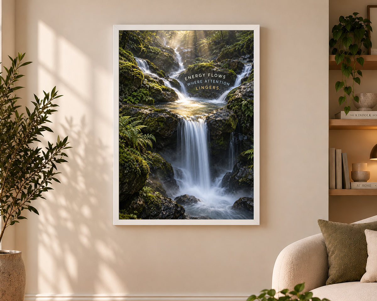 Energy Flows Where Attention Lingers – Waterfall Nature Poster