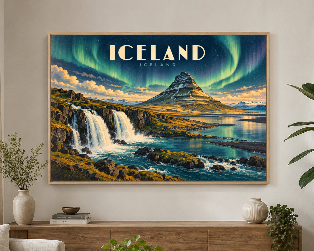 Iceland Aurora Landscape – Nordic Aurora Waterfall Art Print