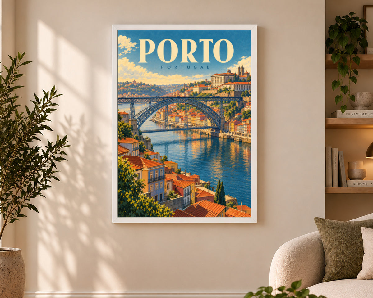Porto Portugal Travel Poster – Vintage Riverside Cityscape Art Print