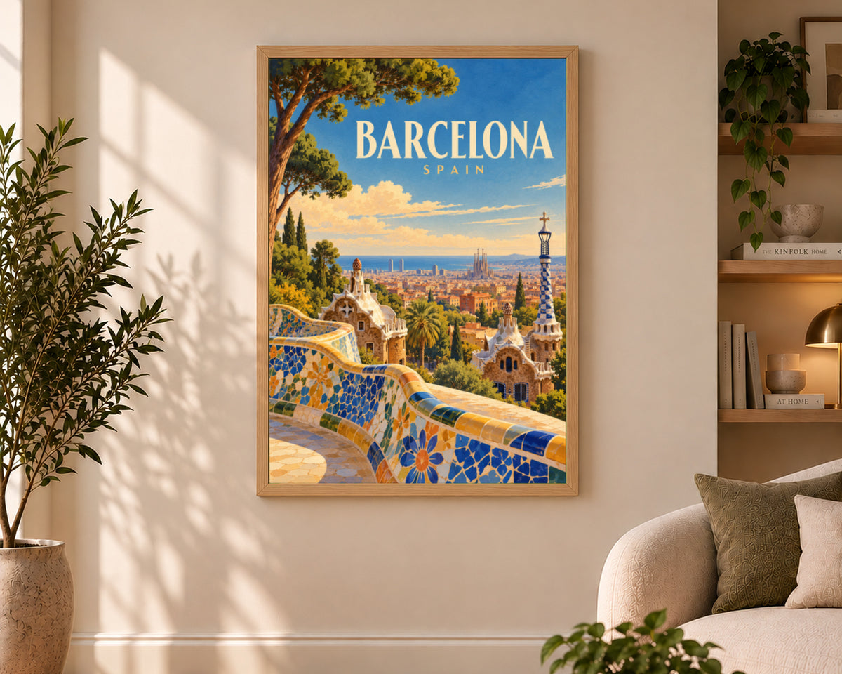 Barcelona Skyline Poster – Retro Travel Cityscape Art Print