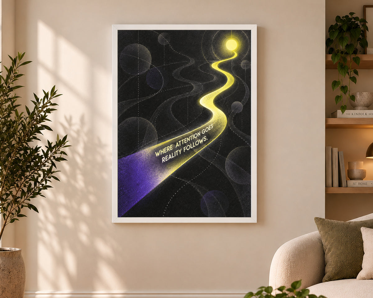 Where Attention Goes, Reality Follows – Abstract Typography Poster