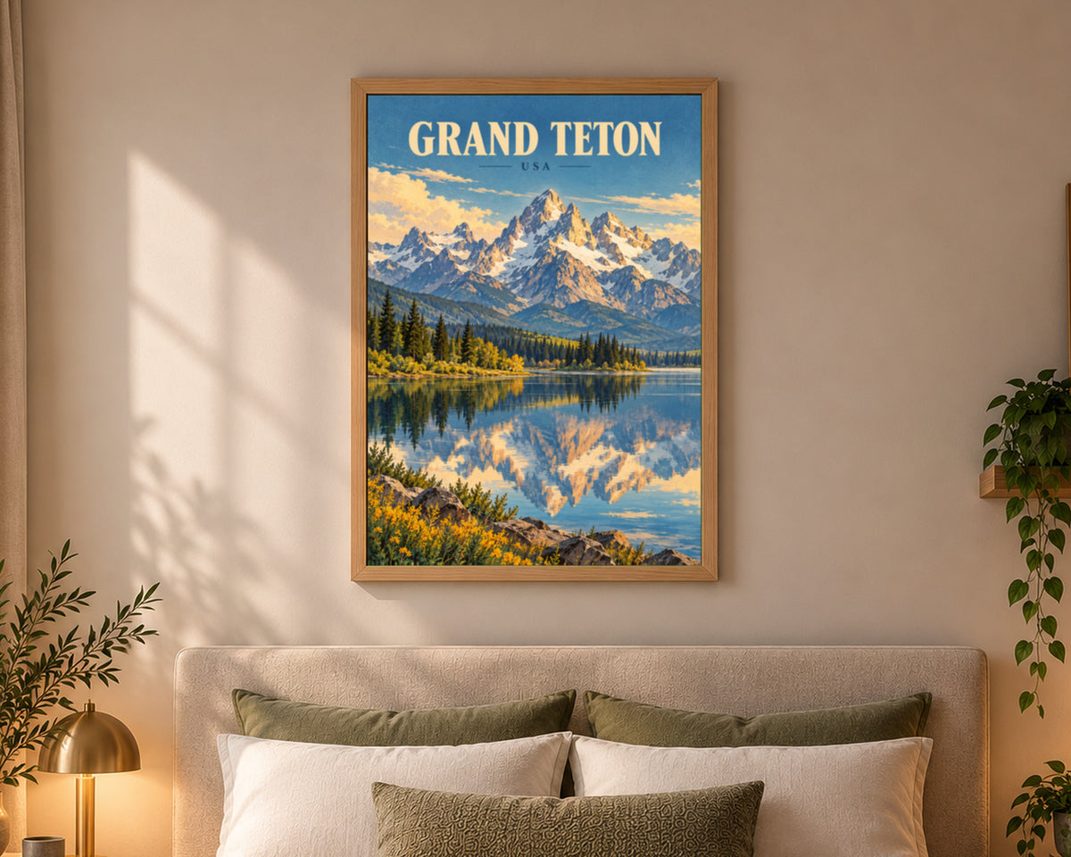 Grand Teton USA – Vintage Travel-Poster Lake and Mountain Wall Art