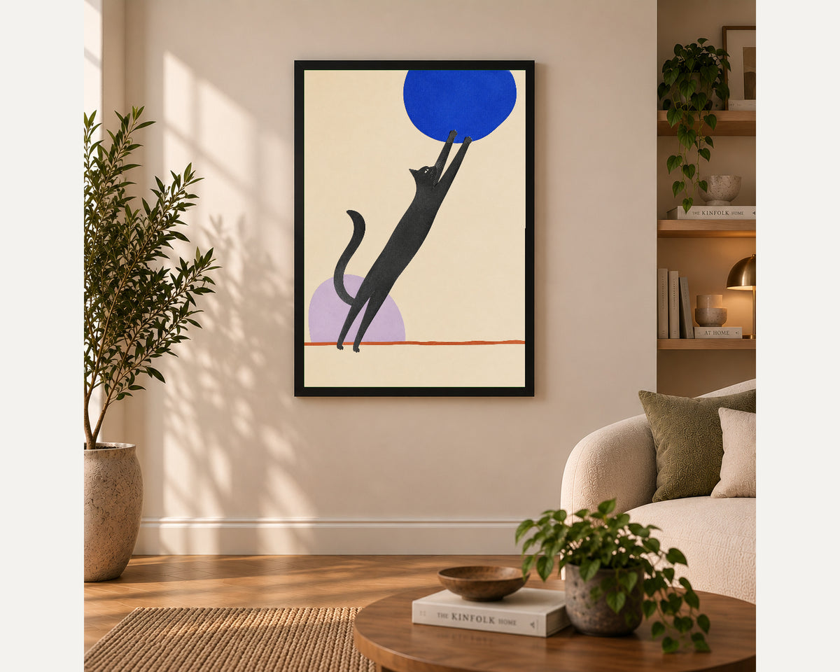 Black Cat and Blue Circle – Minimalist Cat Art Print