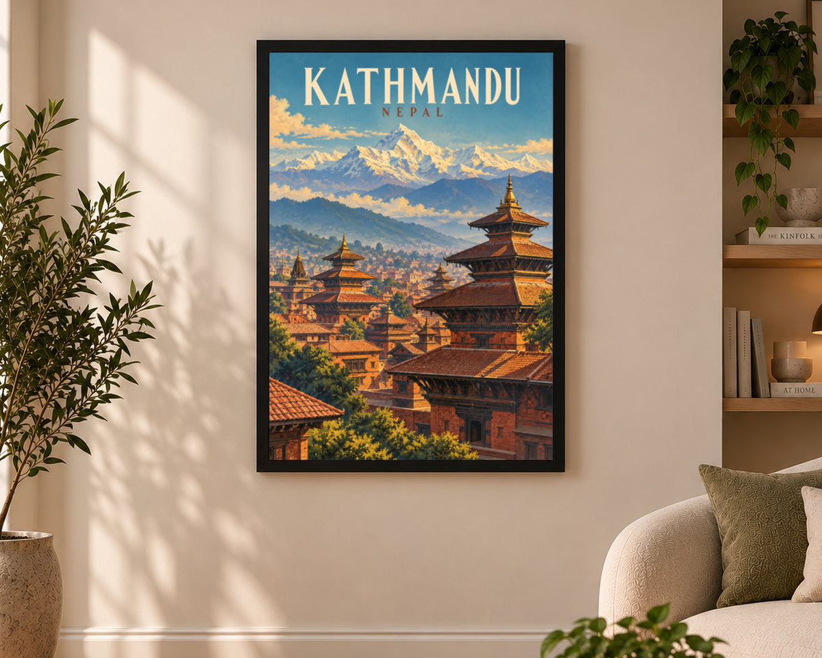Kathmandu Nepal Mountain Cityscape – Vintage Himalayan Travel Art Poster