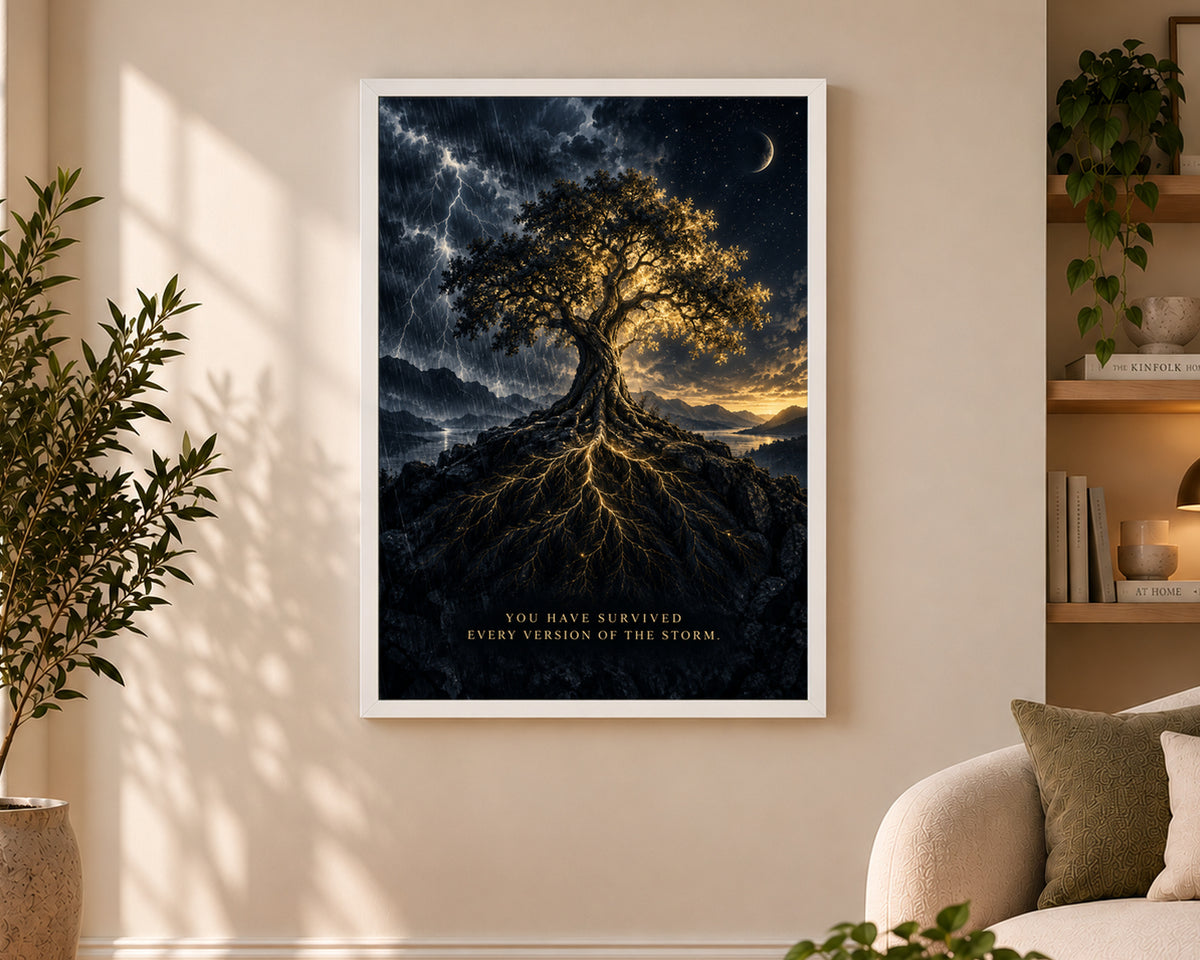 Stormlit Tree of Resilience – Resilience Quote Fantasy Poster